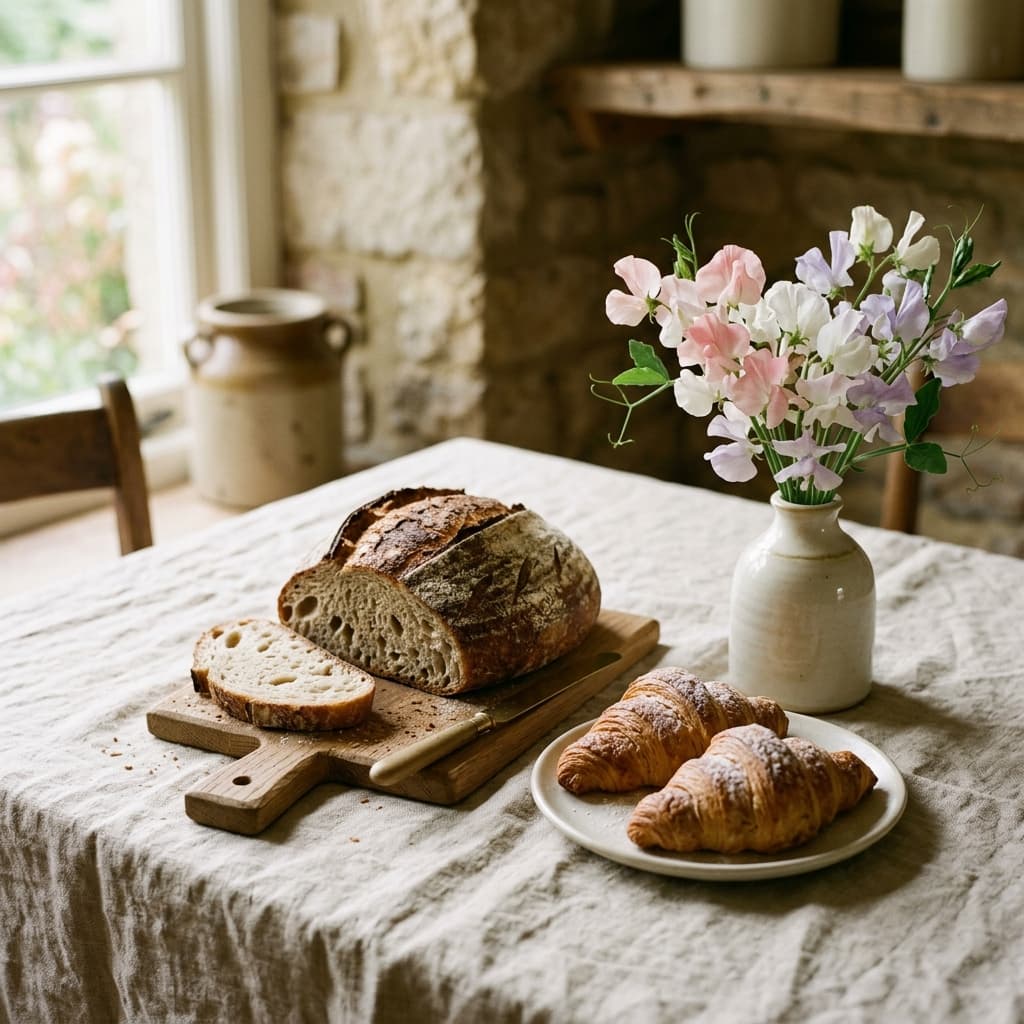 Fresh crusty sourdough bread and croissants by a bouquet of sweet pea flowers in a cottage window